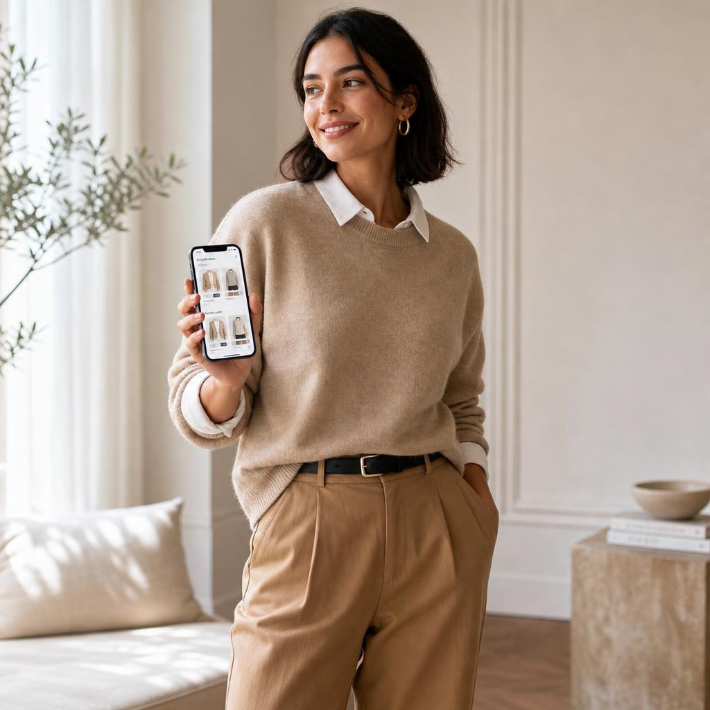 A confident person wearing a modern, effortless outfit in warm neutrals while holding a phone showing AI-generated outfit suggestions